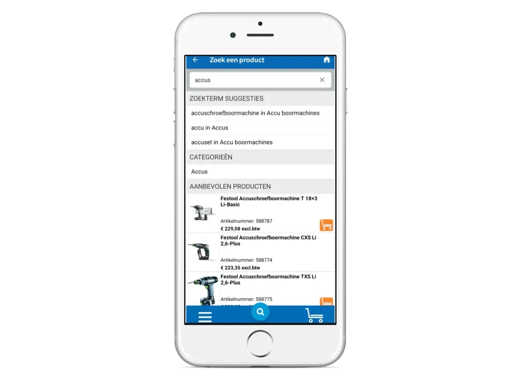 Bouwmaat: onsite search in mobile view of product listings
