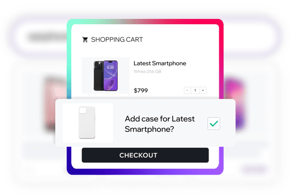 Einkaufswagen mit einem Smartphone und Upsell-Option für eine passende Schutzhülle, inklusive Preisangabe und 'Checkout'-Button, um den Kauf abschließen zu können.