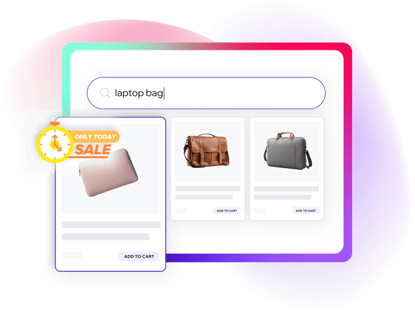Suchfeld mit Eingabe 'laptop bag' zeigt zeitlich begrenzte Angebote mit einem Flash-Sale-Badge, inklusive Produktbildern und 'In den Warenkorb'-Optionen.