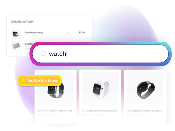 Suchfeld mit Eingabe 'watch' zeigt personalisierte Smartwatch-Empfehlungen, angepasst an Nutzerverhalten und Vorlieben, unterstützt durch SPARQUE.AI.