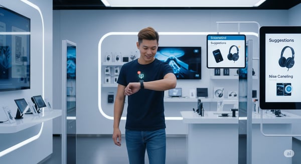 Customer exploring personalized product recommendations in a tech store, highlighting how AI tools like SPARQUE.AI enhance loyalty through tailored cross-channel experiences.