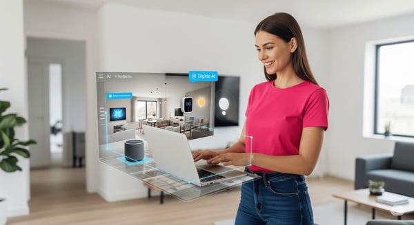 Woman using a laptop to explore an AI-generated interactive living room design, showcasing personalized shopping experiences through generative AI.