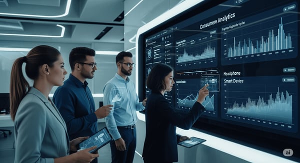 Team analyzing predictive consumer analytics on large interactive screens, showcasing AI-driven insights for anticipating customer needs and improving business strategies.
