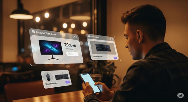 smart engagement revenue growth: man shopping online using a smartphone with AI-powered personalized product recommendations displayed on virtual screens