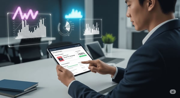 Business professional using a tablet to analyze AI-driven ROI data and personalized recommendations, showcasing how platforms like SPARQUE.AI enable real-time customer engagement and trend analysis.