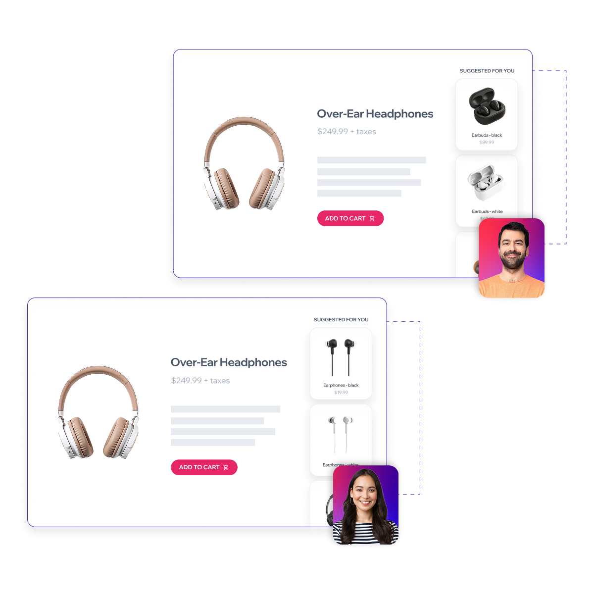Personalisierte Produktempfehlungen: Over-Ear-Kopfhörer mit individualisierten Vorschlägen, wie In-Ear-Kopfhörer und Zubehör, basierend auf Kundeninteressen für höhere Relevanz und Conversions.