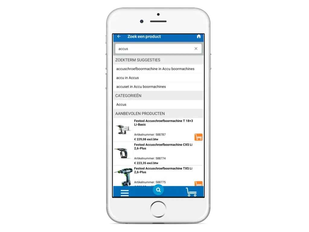 Bouwmaat: onsite search in mobile view of product listings  