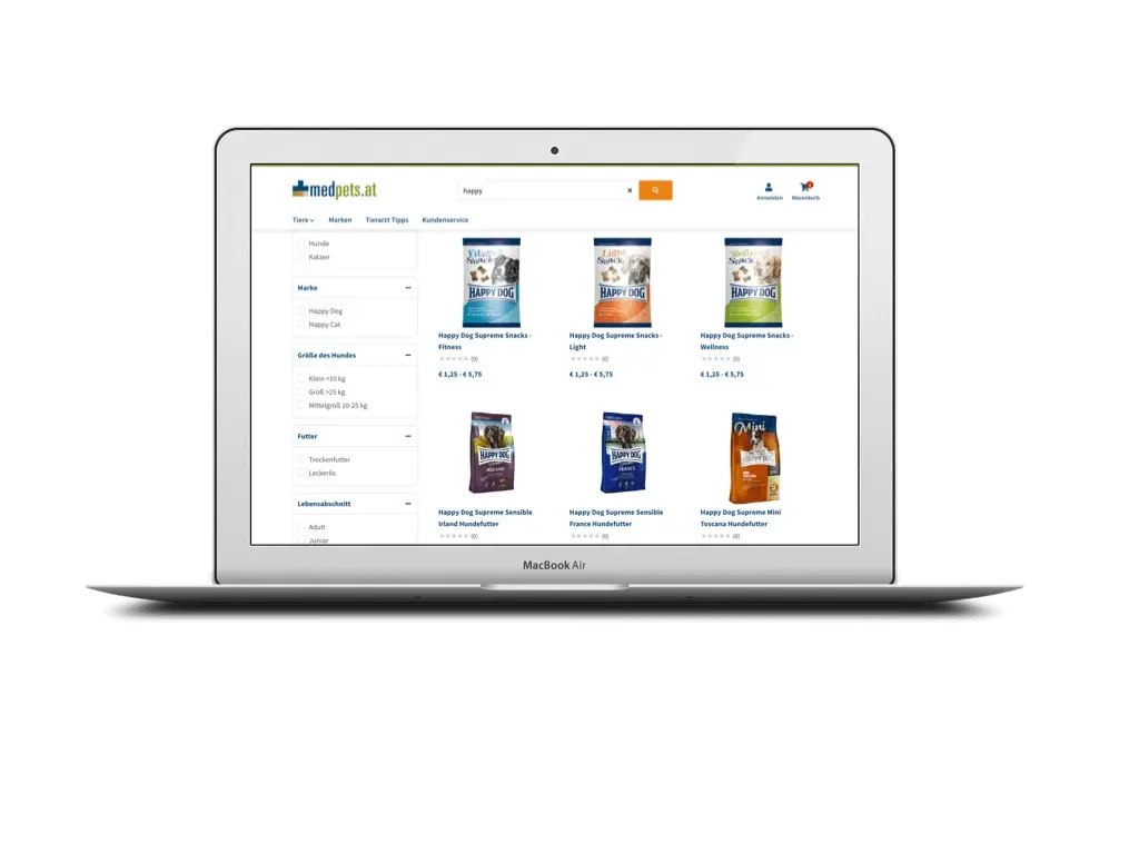 Kunden-Onlineshop mit Produkten  